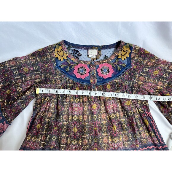 Anthropologie Postmark Ciutadella Boho Top Sz XS Hippie Bell Sleeve Embroidered - Picture 10 of 11